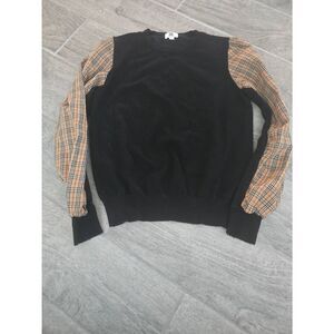 Women's YAL New York Sweater Black with Checkered Plaid Sleeves‎ Size Small